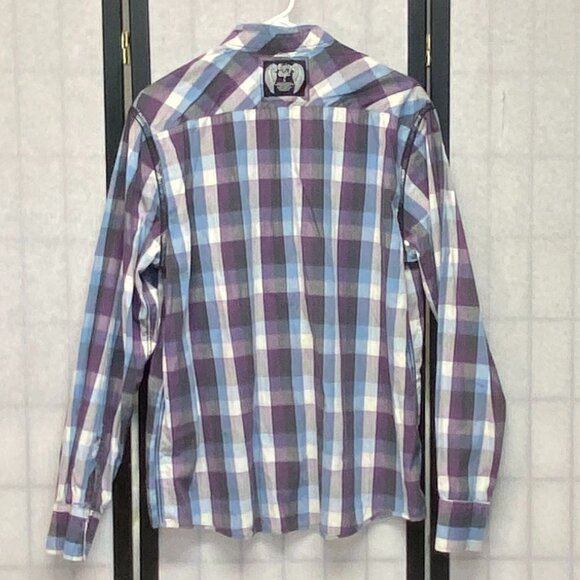 Eighty Eight Long Sleeve Collared Button Up Flap Pocket Plaid Shirt Purple Blue - Picture 6 of 11